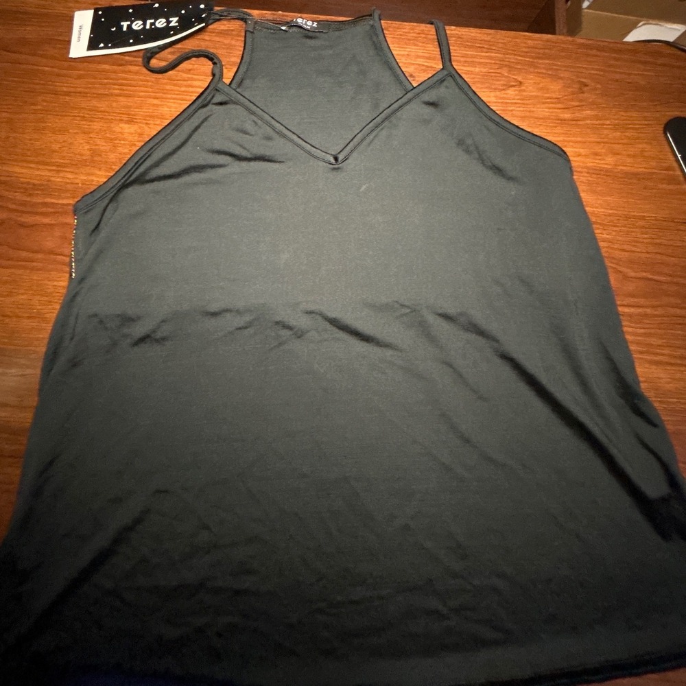 NWT Terez Silky Tank Top M Vee Neck Black Naia Acetate Spandex